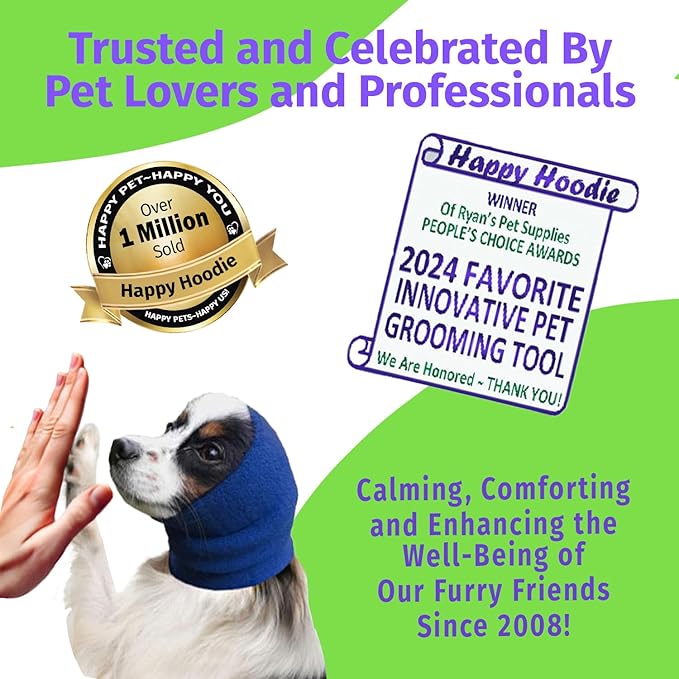 Happy Hoodie The Original Calming Band for Dogs & Cats - for Anxiety Relief – Noise Canceling for Fireworks, Thunderstorms, Pet Grooming & Force Drying - Dog Calming Aid Since 2008 (X-Large, Blue)