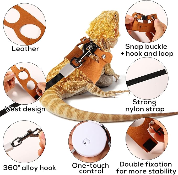 Bearded Dragon Harness and Leash Set, 3 Sizes Super Leather Vest with Retractable Rope, Brown