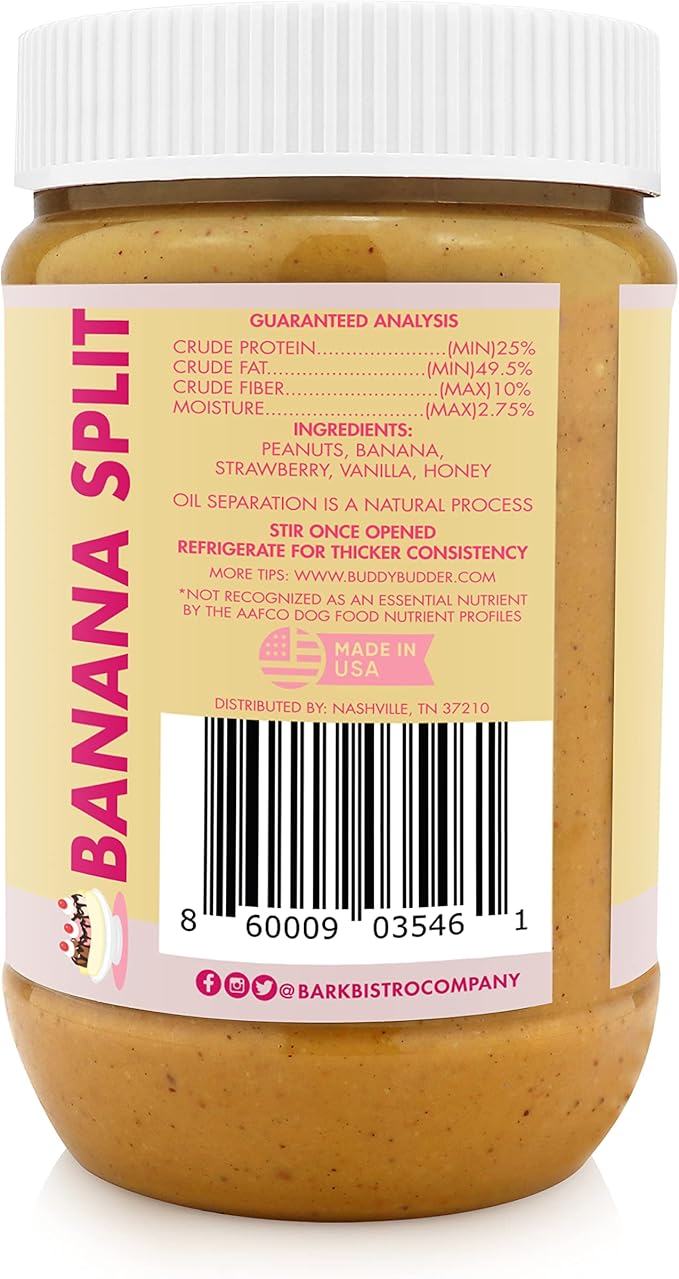 BUDDY BUDDER Banana Split, 100% Natural Peanut Butter, Healthy Dog Treats, Stuff in Toy, Pill Pocket, Made in USA, 17 oz Jars