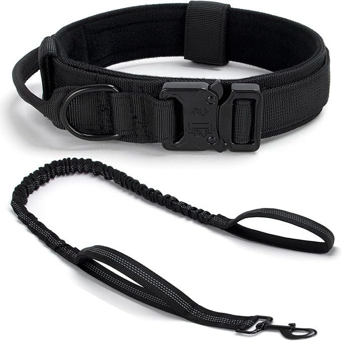 Tactical Dog Collar Set, Adjustable Military Training Nylon Dog Collar with Control Handle and Heavy Quick-Release Metal Buckle for Small Medium Large Dogs, Black Set M