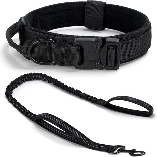 Tactical Dog Collar Set, Adjustable Military Training Nylon Dog Collar with Control Handle and Heavy Quick-Release Metal Buckle for Small Medium Large Dogs, Black Set M