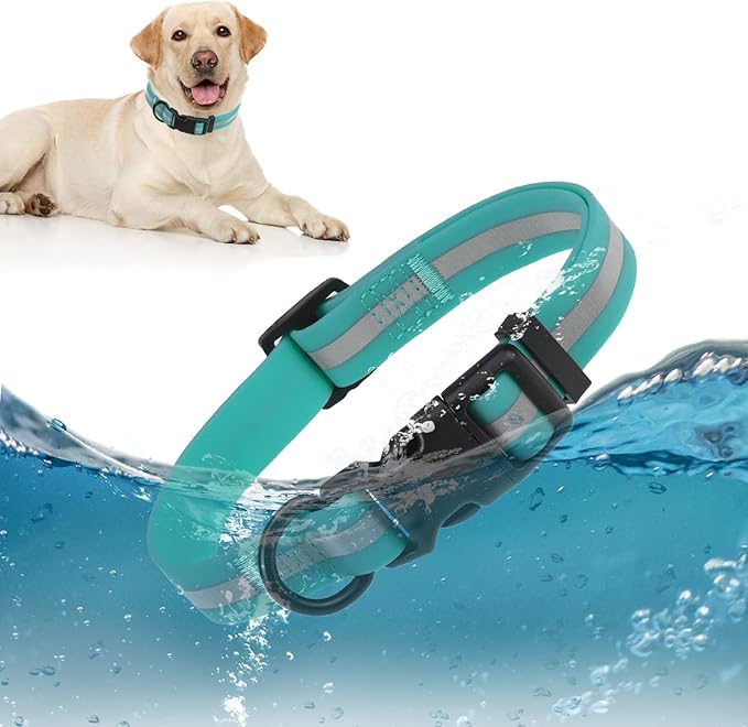 Waterproof Dog Collar, Soft Rubber with Safety Buckle - Adjustable Dog Collars for Large Small Medium Dogs Puppy, Heavy Duty Odor-Resistant Reflective Pet Collar, Aqua Blue L