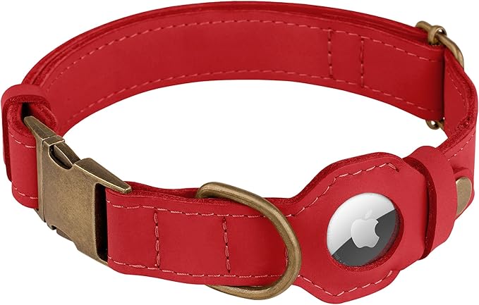 AirTag Dog Collar - Genuine Leather Dog Collar with Apple AirTag Holder and Metal Buckle - Smart GPS Tracking Pet Collars for Small Medium Large Dogs Puppy (Red, XS, 9"-12" Neck Fit)