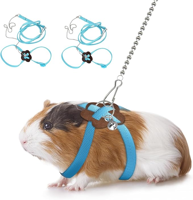 2 Pack Adjustable Hamster Leash Harness for Harness for Ferret Baby Rabbit Hamster Rat Mouse Leash Lead with Bell (Blue)