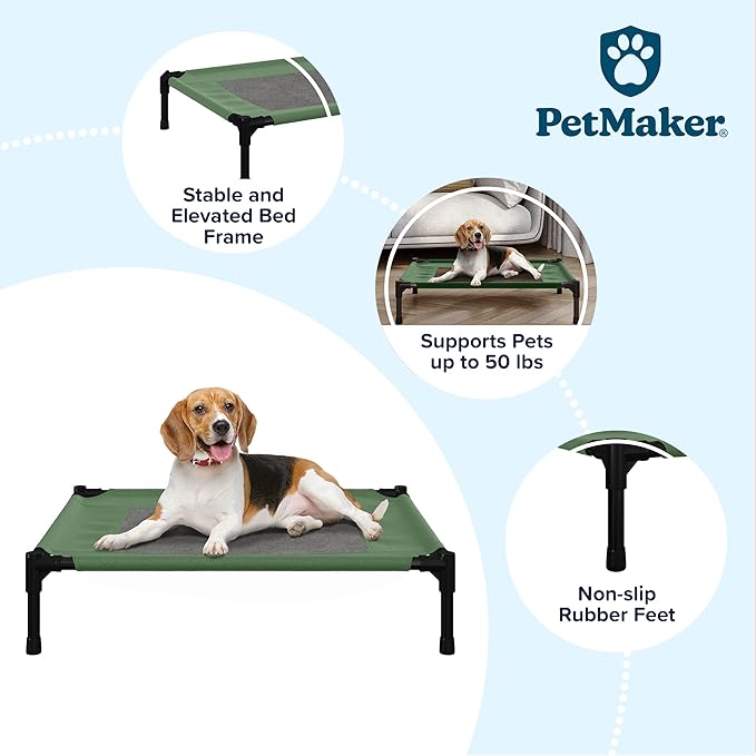 Elevated Dog Bed ? 30x24 Portable Bed for Pets with Non-Slip Feet Indoor/Outdoor Dog Cot or Puppy Bed for Pets up to 50lbs by Petmaker (Green)