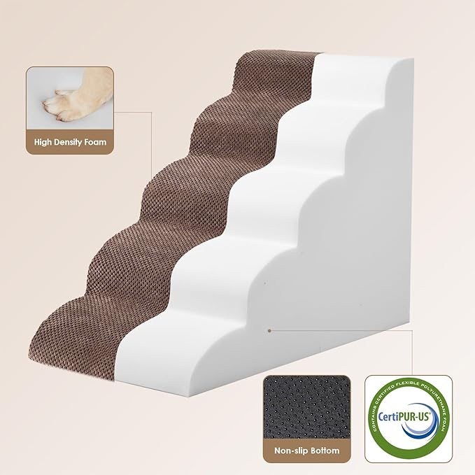 EHEYCIGA Curved Dog Stairs Ramp for High Beds 22.6" H, 5-Step Dog Steps for Small Dogs and Cats, Pet Stairs for High Bed Climbing, Non-Slip Balanced Pet Step Indoor, Brown