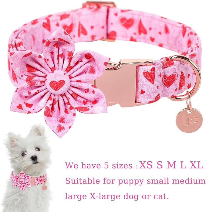 Valentine Dog Collar with Flower, Heart Flower Collar for Puppy Girl Boy Dog or Cat, Comfortable Dog Collar Flower with Durable Metal Buckle, Cute Pet Collar, L