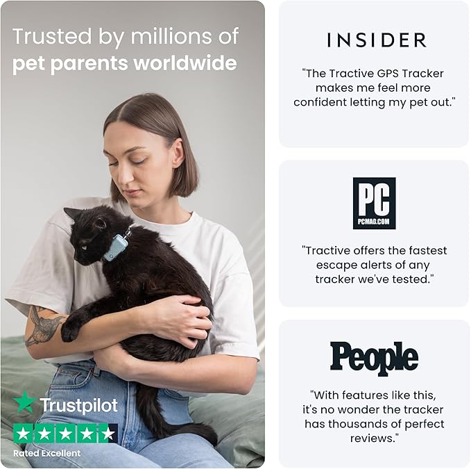 Tractive GPS Cat Tracker (6.5 lbs+), Real-time Pet Location Tracker, Health & Wellness Alerts, Battery Life Up to 7 Days, Breakaway Cat Collar Included (Mint)