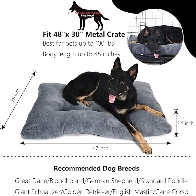 nononfish 48 inch Dog Crate Bed for Extra Large Dogs Washable with Anti-Slip Bottom fit Metal Crates or Cages,Faux Fur XXLarge Pet Pads 48 x 30 for Kennel Jumbo Plus Sleeping Mattress,Dark Gray