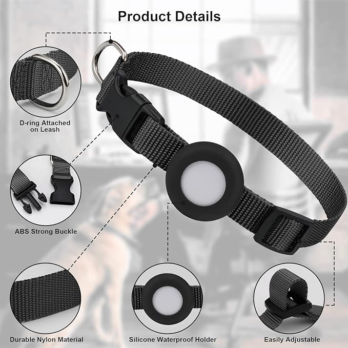 Compatible with Airtag Dog Collar, Adjustable Air Tag Dog Collar with Durable Quick Snap Buckle, Imitation Nylon Dog Collar with Waterproof Apple Airtag Holder for Small Dogs (S(6"-16"), Black)