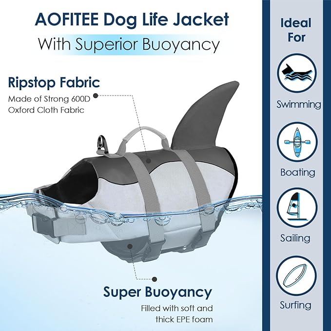 AOFITEE Dog Life Vest for Swimming, Shark Dog Life Jacket Large, High Flotation Dogs Swimming Vest with Rescue Handle and Reflective Stripe, Dogs Lifesaver Swimsuit for Boating Summer Pool Beach, XL