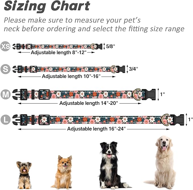 Reflective Dog Collar for Medium Dogs, Cute Flower Theme Adjustable Heavy-Duty Nylon Puppy Collar for Boy and Girl Female, Soft Pet Accessories with Quick Release Buckle, Elegant Floral