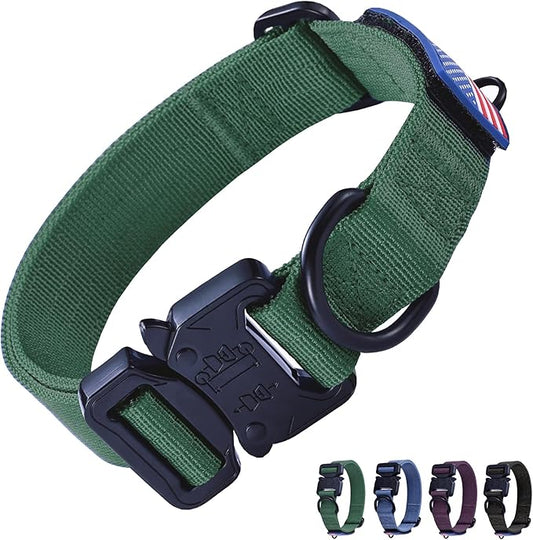 KCUCOP Heavy Duty Dog Collar - Adjustable Tactical Military Dog Collars with Metal Buckle, Quick Release, 2 D-Rings & Flag Patch for Medium & Large Dogs(Green-L)