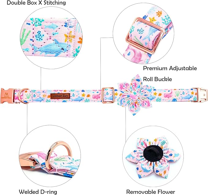 Lionheart glory Dog Collar Flower Collar Pink Dog Collars with Flower Summer Cute Sea Animals Print Collar Dog Female Soft Durable Adjustable Dog Collars for Small Dogs