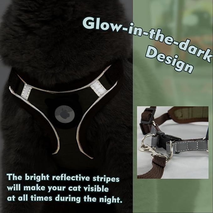 Airtag Cat Harness and Leash Set - Soft Nylon, Adjustable, Escape Proof, Reflective (Coffee Color, Small)