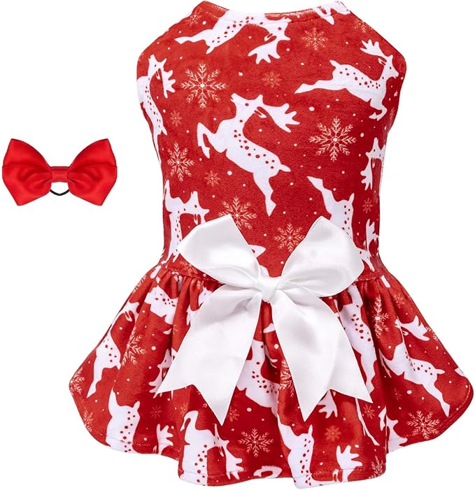 CuteBone Dog Christmas Dresses Outfit Velvet Holiday Small Dogs Clothes Onesie Pet Apparel Girl Puppy Skirt with Bow Hair Rope CVA29M