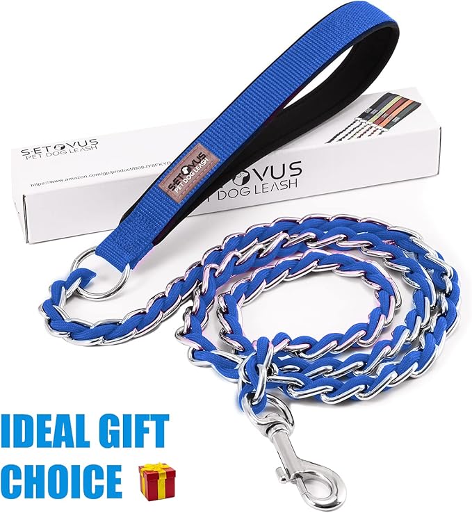 Chain Dog Leash Chew Proof Metal for Medium Large Dogs, Anti Bite 4FT Strong With Comfortable Soft Padded Handle Blue 3.0