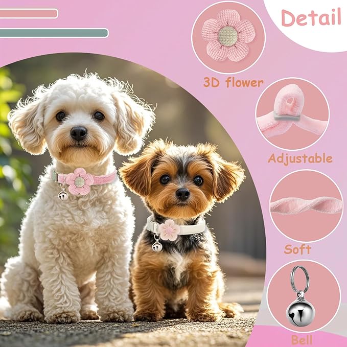 Puppy Collars for Litter, Small Dog Collar with Flower, XS Dog Collars for Small Dogs with Bell for Girl Boy Little Dog (Pink + White)