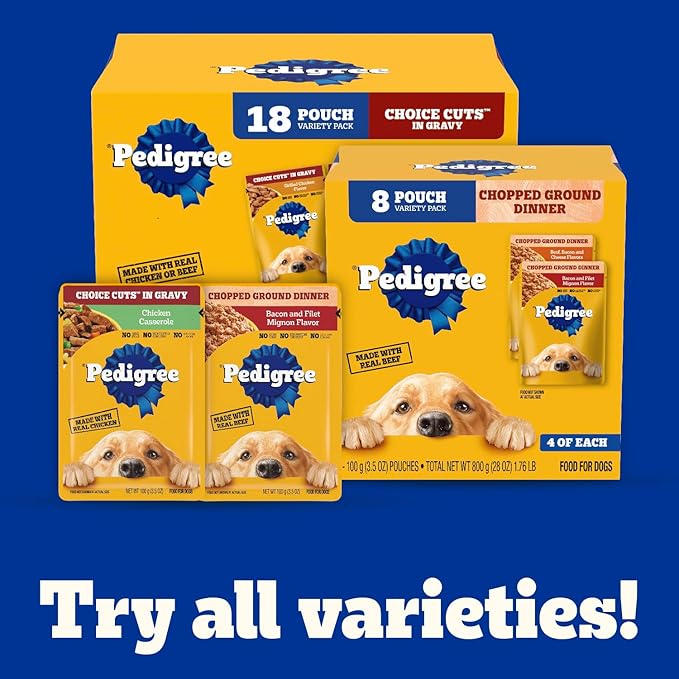 PEDIGREE CHOPPED GROUND DINNER Adult Soft Wet Dog Food, Bacon and Filet Mignon Flavor, 3.5 oz Pouches, 16 Pack