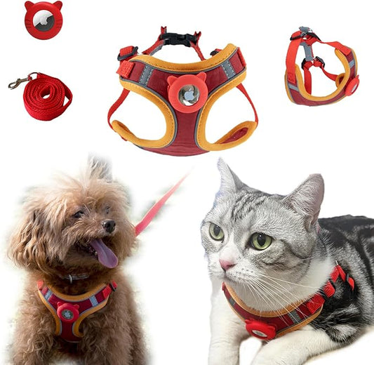 Airtag Cat Harness and Leash Set - Soft Nylon Adjustable, Escape Proof Reflective (Red, Small)