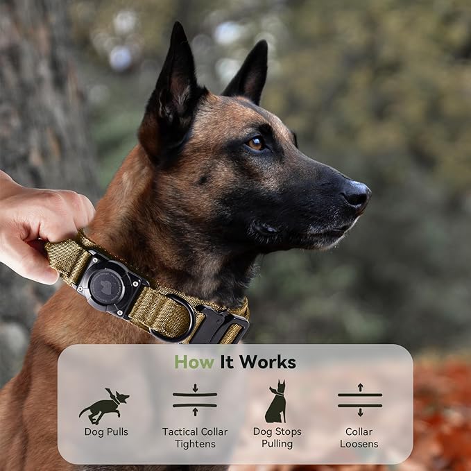 2025 Upgrade Waterproof AirTag Dog Collar, Military Tactical Dog Collar with AirTag Holder, Comfortable Control Handle and Metal Buckle, GPS Dog Collar Holder for Medium to Large Dogs (Khaki, M)
