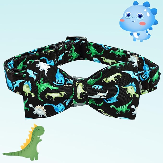 Dinosaur Print Soft Cute Dog Collar with Bow Tie Adjustable Metal Buckle Gift Collar for X-Small Dogs