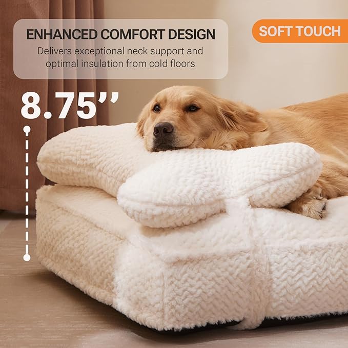 Soft Touch Orthopedic Dog Beds for Large Dogs, Extra Large Waterproof Dog Crate Bed with Removable Washable Cover, Attachable Pillow Cushion, Non-Slip Bottom (Ivory, X-Large)