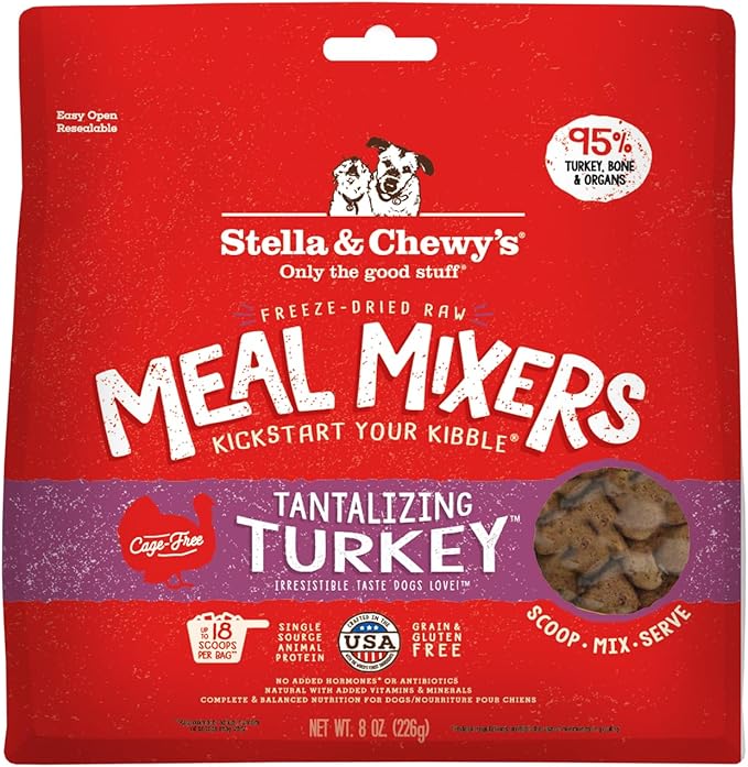 Stella & Chewy's Freeze-Dried Raw Tantalizing Turkey Meal Mixers- Dog Food Topper and Mixer - Made with 95% Cage-Free Turkey, Organs & Bone - Perfect for Picky Eaters - Grain-Free - 8 oz