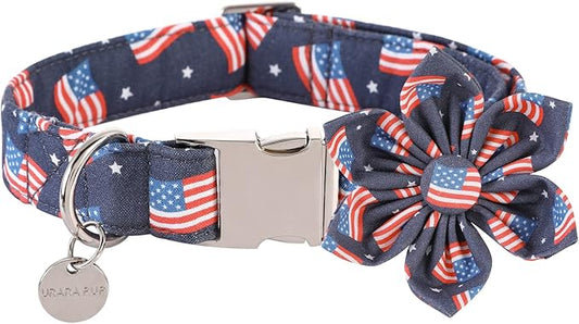 American Flag Dog Collar with Flower, 4th of July Comfortable Cotton Cute Dog Collar with Metal Buckle, Patriotic Flower Collar for Puppy Girl Boy Dog or Cat, XS