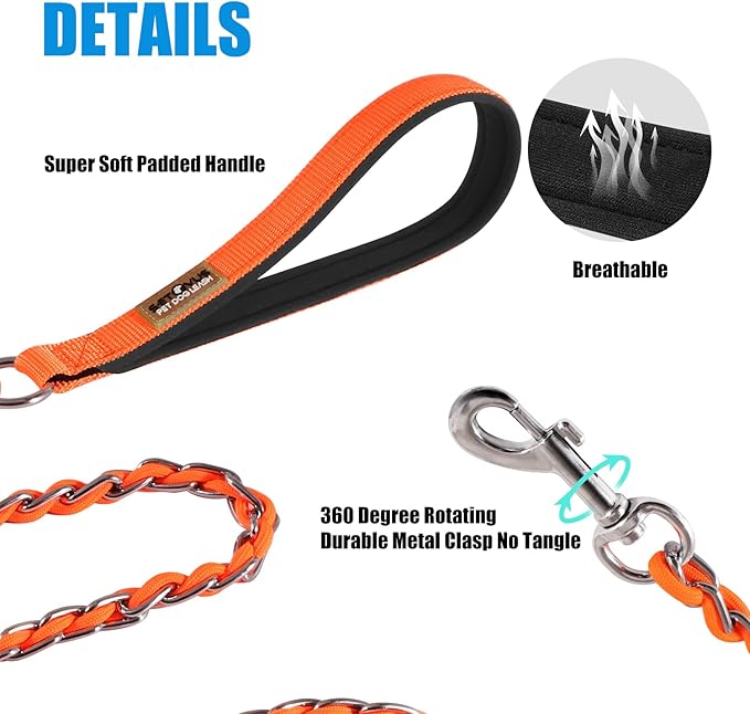 Chew Proof Metal Leash for Medium Large Dogs, 5.2FT Strong Anti Bite, Comfortable Soft Padded Handle Orange