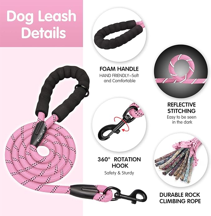 PoyPet No Pull Dog Harness and 5 Feet Leash Set, Release on Neck Reflective Adjustable Pet Vest, Front & Back 2 D-Ring and Soft Padded Pet Harness with Handle for Small to Large Dogs(Pink,S)