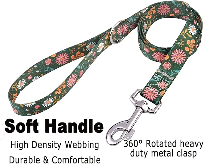 Dog Collar and Leash Set with Bohemia Floral Tribal Geometric Patterns - Soft Ethnic Style Collar Adjustable for Small Medium Large Dogs(Dark Green Flower Set,XS)