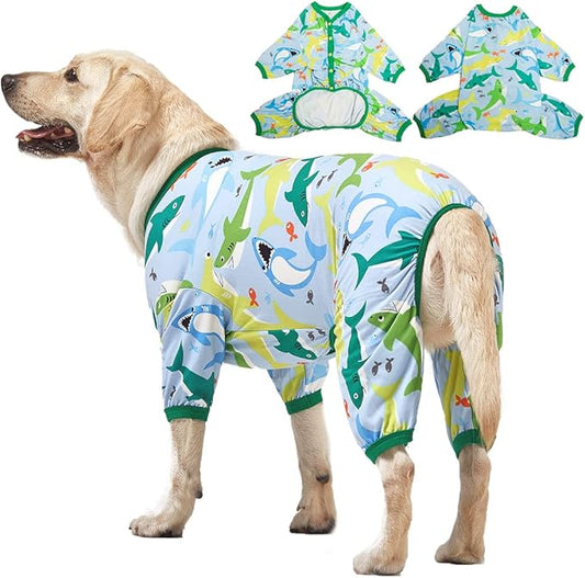 LovinPet Surgical Recovery Shirt for Large Dogs, Undershirt for Dog Coats, Lightweight Stretchy Knit Dog Onesie, Big Bites Turquoise Print Dog Jammies, UV Protection, Stop Shedding for Dogs, Medium