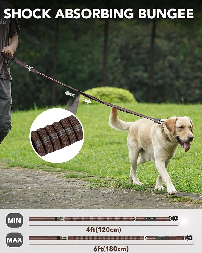 Joytale Tactical Dog Leash Heavy Duty, 4-6FT Shock Absorbing Bungee Lead with 2 Padded Handle, Metal Carabiner Clip, Car Seatbelt, Strong No Pull Leash for Medium Large X-Large Dogs, Brown