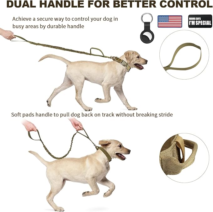 Tactical Dog Collar and Bungee Leash, Camo Military Dog Collar & Leash Set with USA American Flag Adjustable K9 Collar with Heavy Duty Metal Buckle & Handle,with Patches and Airtags Case (L, Brown)