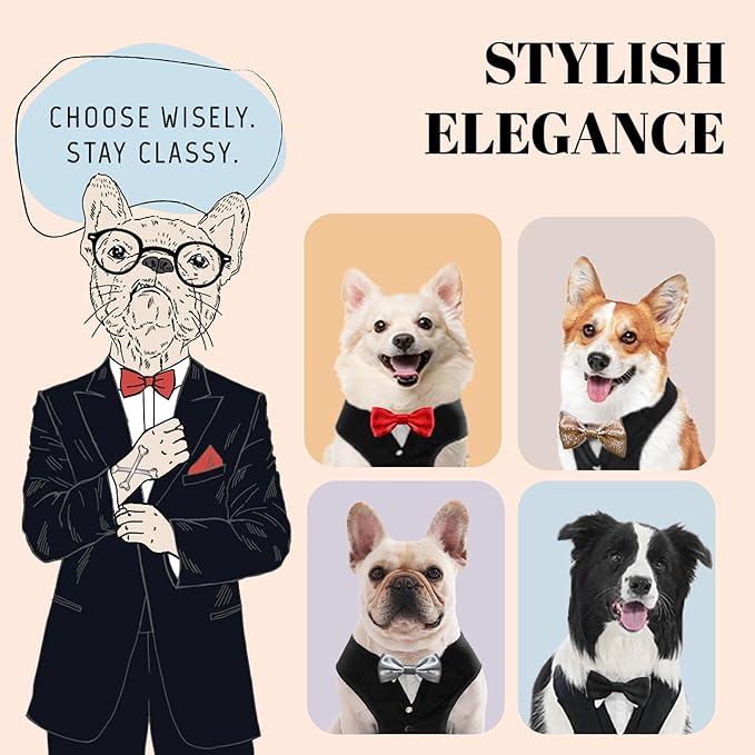 Dog Tuxedo for Wedding Outfit, Dog Suit and Tie Costumes for Birthday, Halloween, Cosplay, Christmas Party, Pet Formal Wear with Bowtie, Tux for Small Dogs, Chihuahua, Bichon, Maltese, Cats