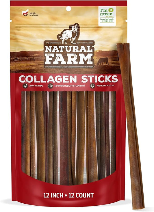 Natural Farm Odor-Free Collagen Chews, (12-Inch, 12-Pack), Long Lasting Bully Sticks & Rawhide Alternative Dog Treats, 95% Collagen, High Protein Best Dental Dog Treats – Medium & Large Dogs