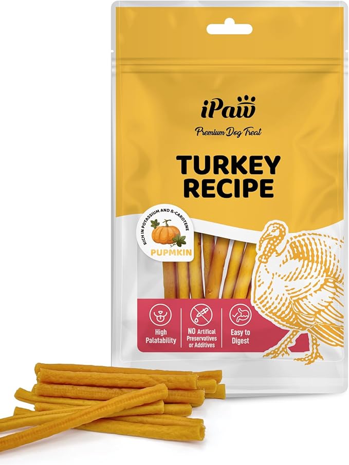 Turkey Dog Treats, All Natural Human Grade Dog Treat, Suitable for Training chew, US Sourced Raw Material, Hypoallergenic, Rawhide Alternative, Thin Stick (Pumpkin)