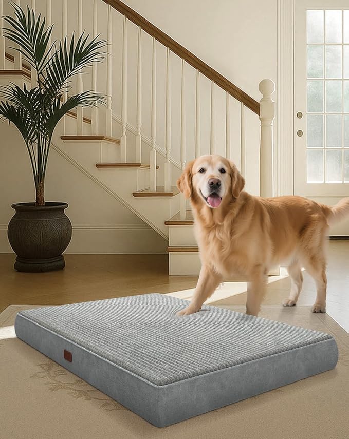 OhGeni Orthopedic Waterproof & Machine Washable Dog Bed for Medium Large Pets, Suitable for Crates, 25D Egg Crate Foam, Non-Slip Bottom & Removable Cover, Gifts for Dad, 35 Inches(Gray)