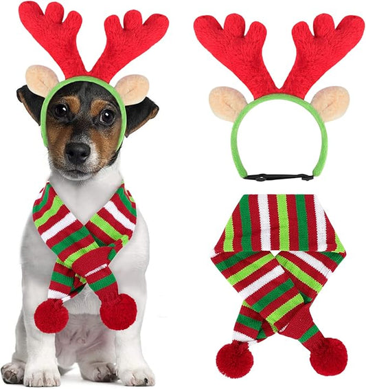 BWOGUE Dog Christmas Reindeer Elk Antlers Headband and Red-White-Green Striped Scarf Set Pet Christmas Costume Dog Costumes Accessories for Dogs and Cats