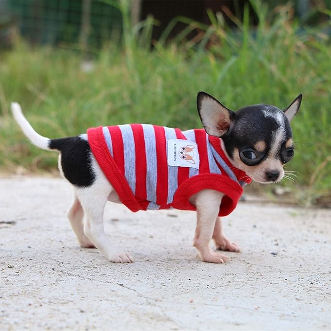LOPHIPETS 100% Cotton Striped Dog Shirts for Small Dogs Chihuahua Puppy Clothes Tank Vest-Red and Gray Strips/XXS