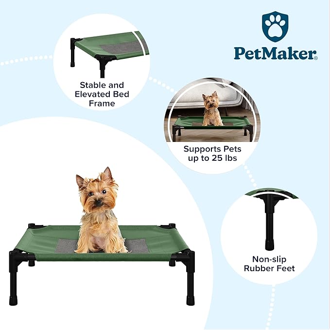 Elevated Dog Bed – 24.5x18.5 Portable Bed For Pets With Non-Slip Feet – Indoor/Outdoor Dog Cot Or Puppy Bed For Pets Up To 25lbs By Petmaker (Green)