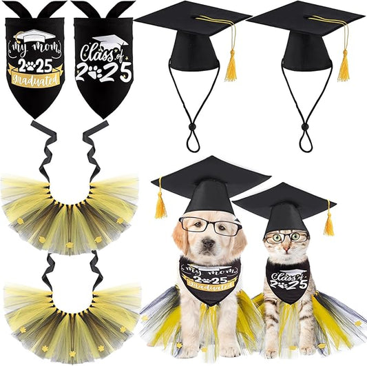 Suhine 6 Pcs Graduation Dog Cap and Gown Costume Accessories Including Class of 2025 Pet Graduation Bandana Tulle Tutu and Dog Caps with Yellow Tassel for Pet Holiday Costume Supplies