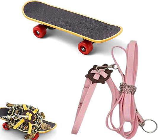 Adjustable Tortoise Leash Funny Skateboard Set, Training Harness Mini Skateboard for Turtle Dragon Bearded Lizard Small Pets, Pet Tortoise Toys, Accessories Tortoises (Pink Large)