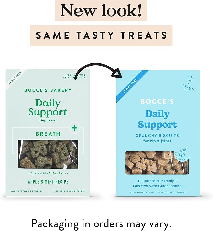 Bocce's Bakery Hip Daily Support Treats for Dogs, Wheat-Free Dog Treats, Made with Real Ingredients, Baked in The USA, Supports Joint Health, All-Natural Peanut Butter Biscuits, 12 oz