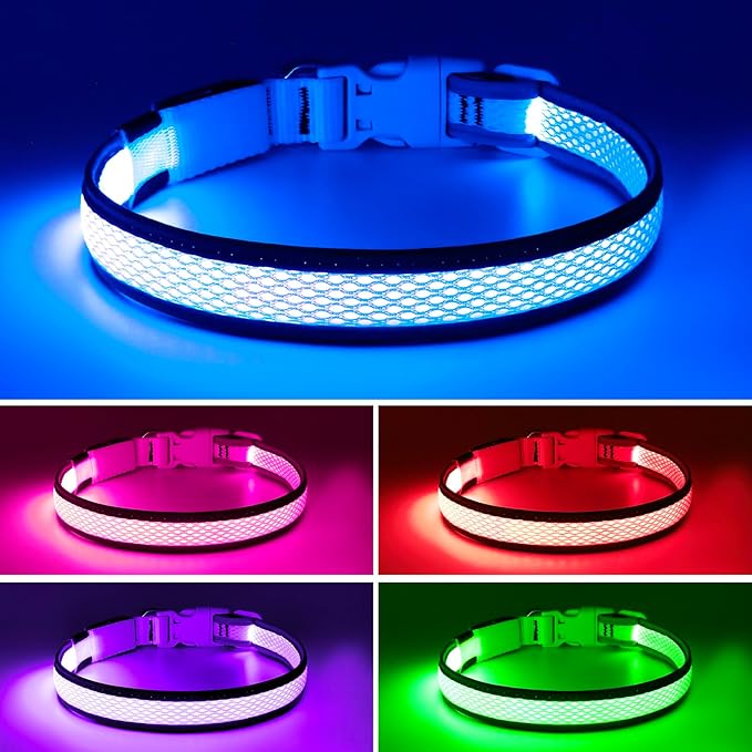 Flashseen LED Dog Collar,USB Rechargeable Light Up Dog Collar Lights,Adjustable Comfortable Soft Mesh Safety Dog Collar for Small,Medium,Large Dogs(Large, Royal Blue)