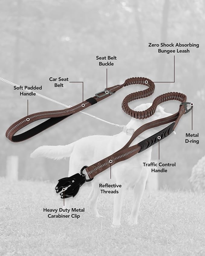 Joytale Tactical Dog Leash Heavy Duty, 4-6FT Shock Absorbing Bungee Lead with 2 Padded Handle, Metal Carabiner Clip, Car Seatbelt, Strong No Pull Leash for Medium Large X-Large Dogs, Brown