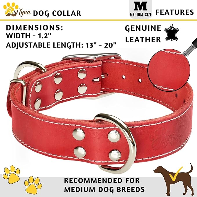 ADITYNA Heavy Duty Leather Dog Collar - Soft and Strong Red Dog Collar for Medium Breeds (Medium: Fit 13" - 20" Neck, Red)