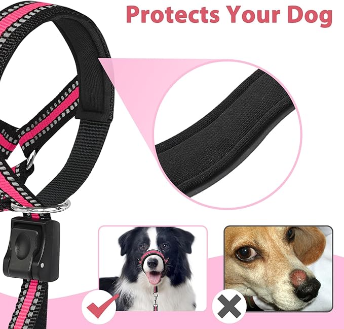 BARKLESS Soft Dog Head Collar, Patented Padded No Pull Head Halter, Training Nose Leash with Safety Link for Medium Large Dogs, Adjustable Muzzle Leash, Easy Control for Walking(Pink, M)