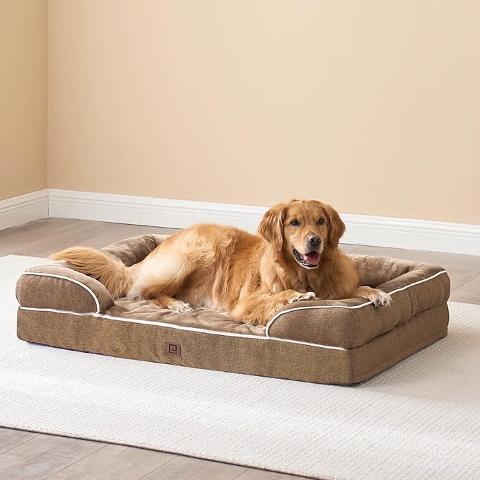 EHEYCIGA Orthopedic Dog Bed for Medium Dogs, Waterproof Memory Foam Medium Dog Beds with Sides, Non-Slip Bottom and Egg-Crate Foam Pet Couch Bed with Washable Removable Cover, Camel